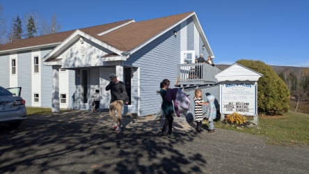 Front of Blues Mills Gospel Hall and sign