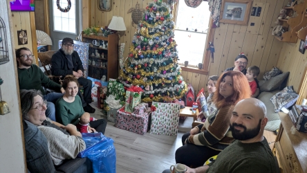 Family gathered in the living room on Christmas Day