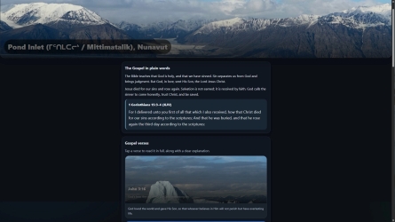 Screenshot of the PondInletGospel homepage with northern landscape and Bible verse.